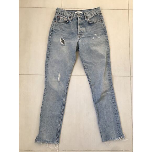 Grlfrnd Karolina High Waist Distressed Cut Off Straight Leg Denim Jeans - Picture 1 of 10